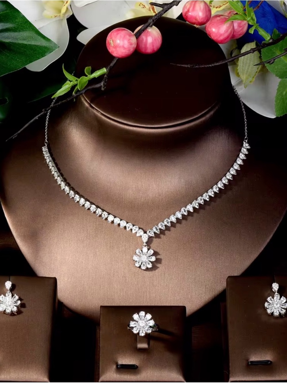 Silver Floral Cluster Necklace with Pendant, Earrings and Ring